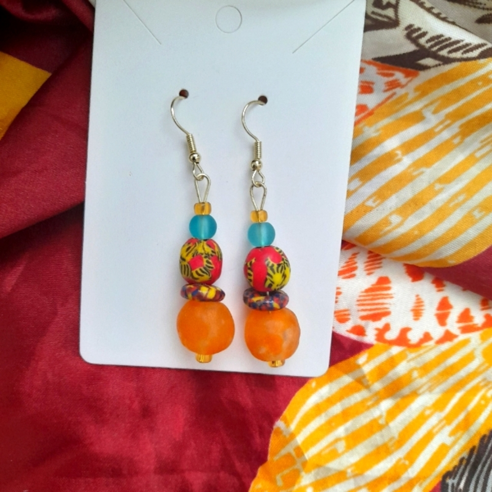 Sold !  NEW!Handmade African recycled glass bead drop earrings